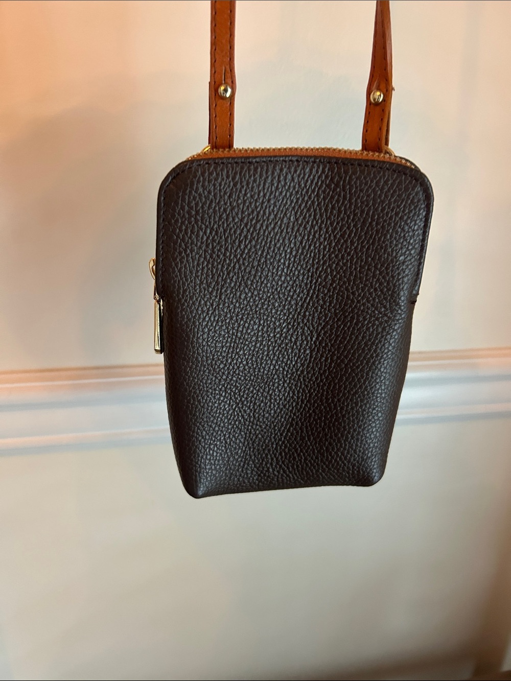 Valentina Dark Brown Pebble Leather Crossbody with Tan Strap